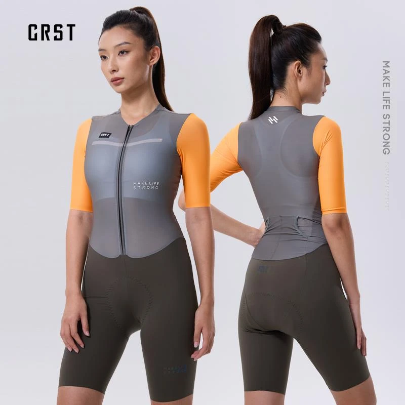 CRST新款撞色竞技连体服夏季薄短袖女修身透气一体式骑行服