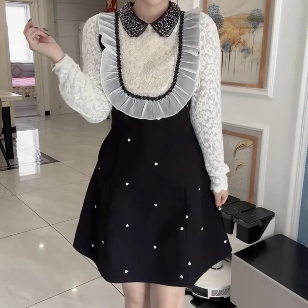 冬季新款气质优雅重工收腰拼接短款衣裙