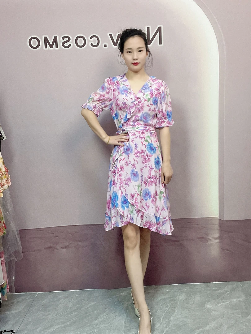 【深圳南油沐溪女装】新款夏季桑蚕丝法式碎花气质显瘦长款连衣裙