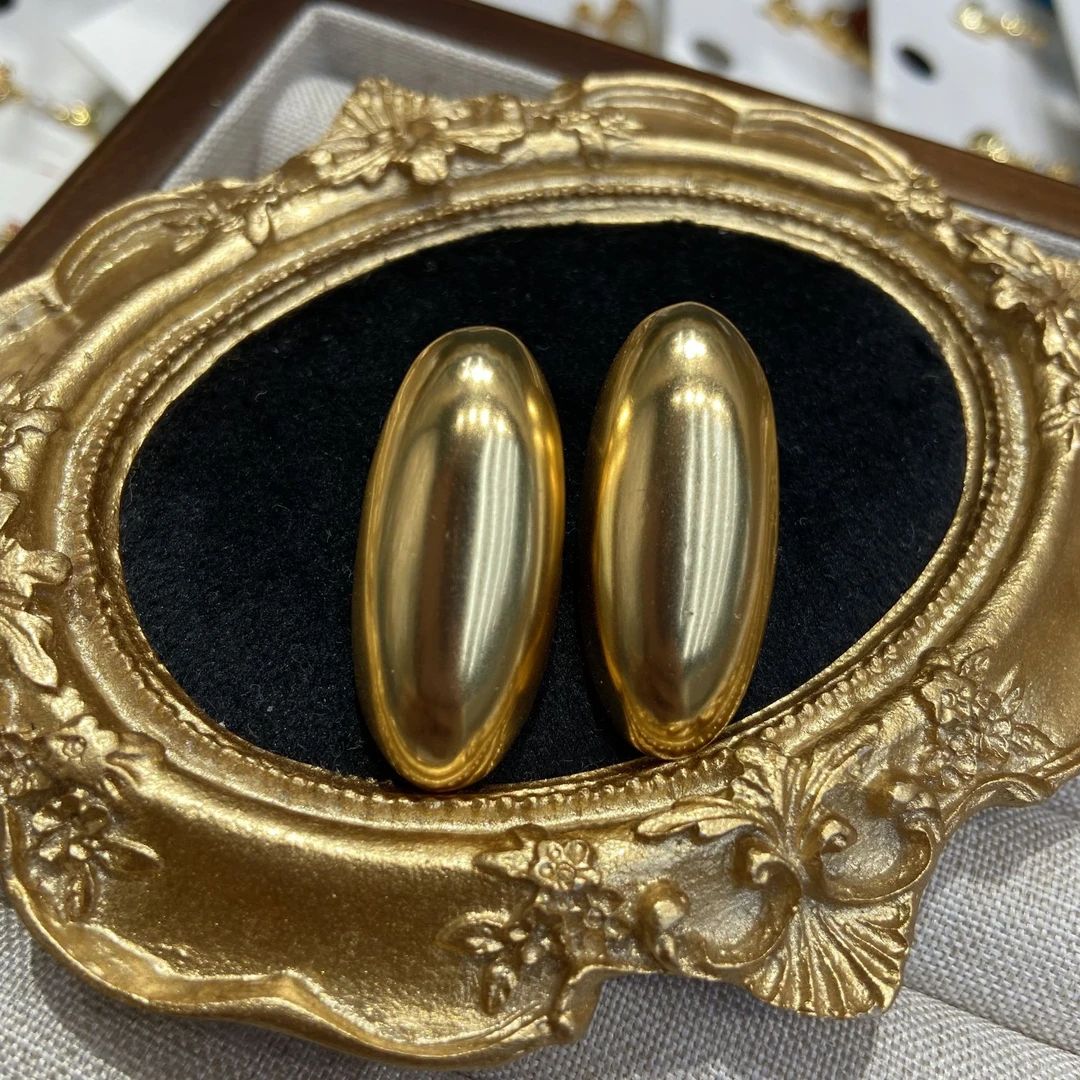 铜合金耳饰 时尚几何光面长椭圆形耳钉个性简约耳环铜镀金色耳饰