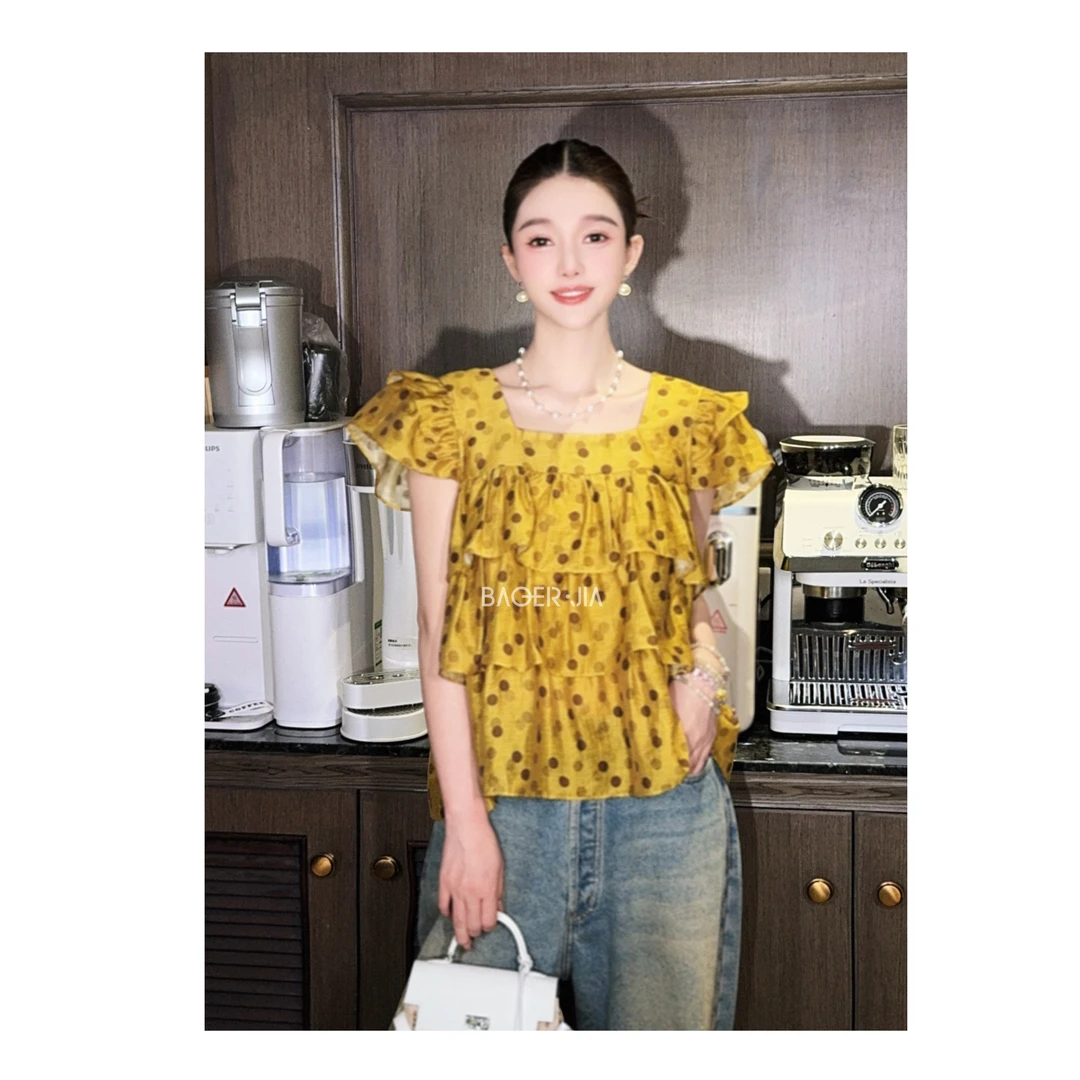1-宝儿家含幂BK107725205XQ夏季新款穿搭小碎花荷叶边波点上衣