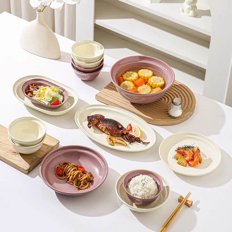 釉下彩碗碟套装奶油风陶瓷餐具家用碗盘筷组合高颜值简约乔迁碗盘