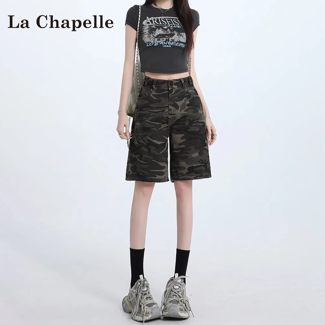 拉夏贝尔时尚迷彩辣妹风五分牛仔裤女2025夏季新款松紧腰宽松裤子