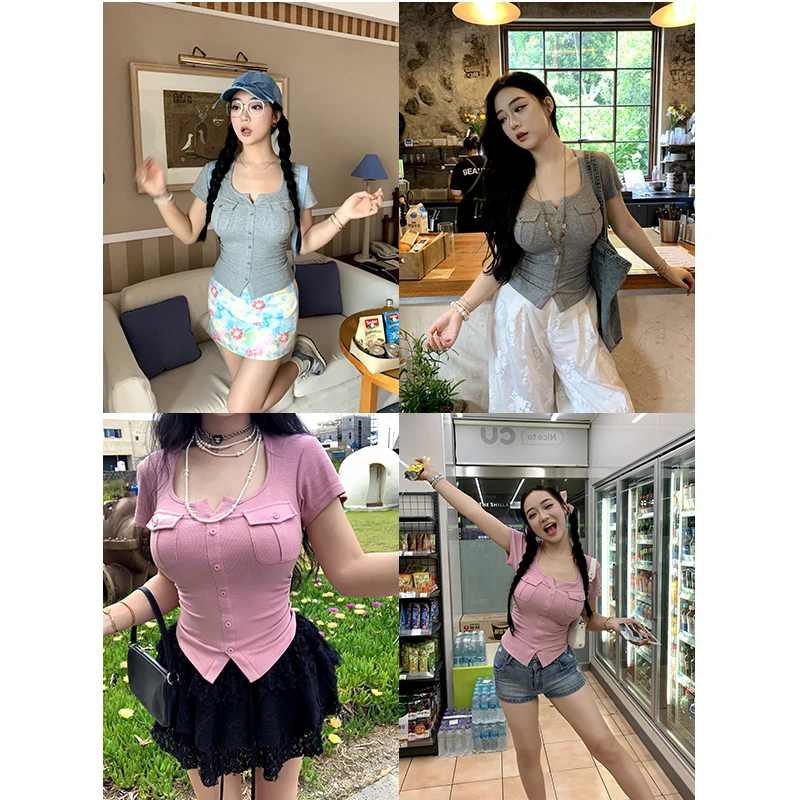 肉装小cherry 轻氧呼吸 U领小v真工装袋设计微胖修身抽皱显瘦上衣