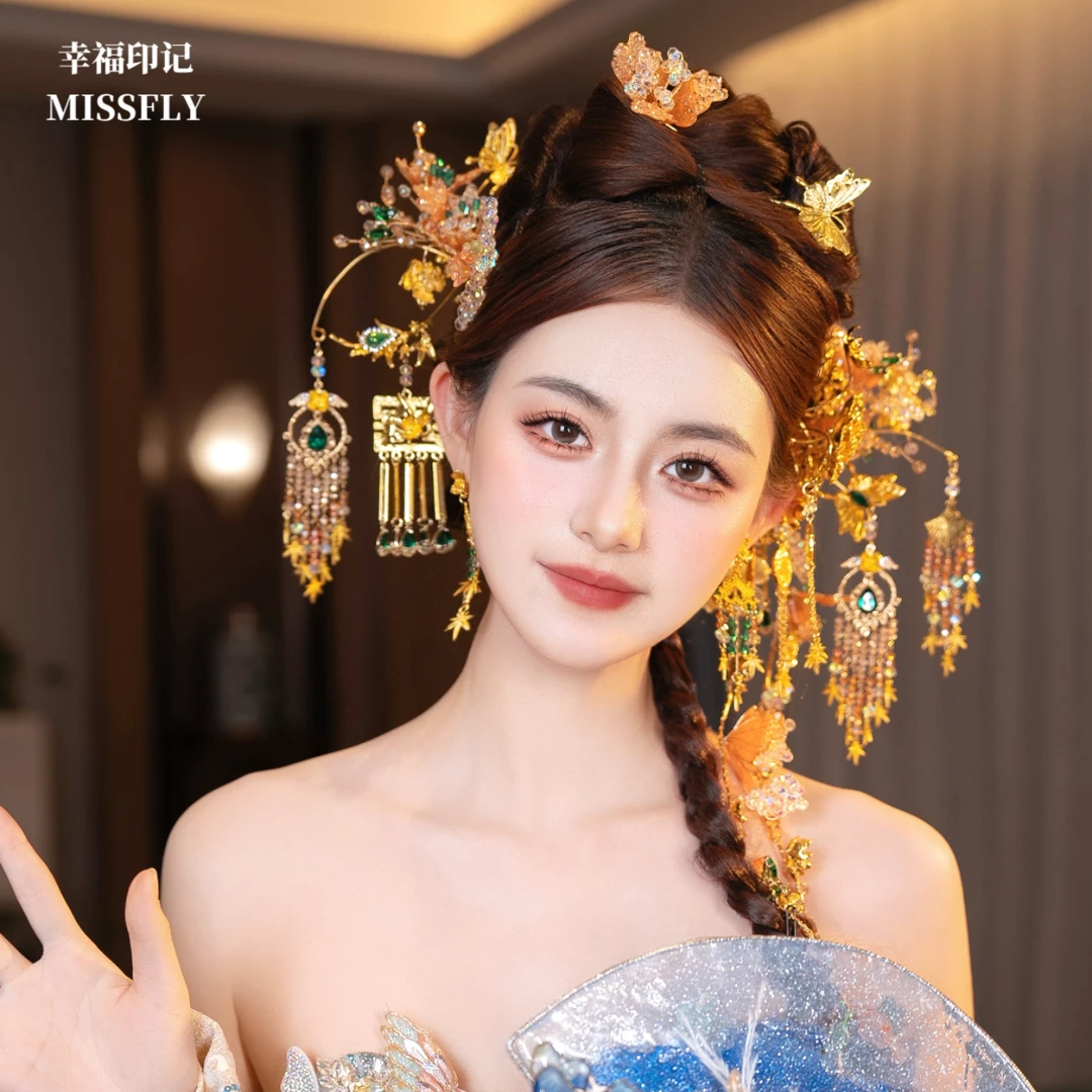 金色新中式新娘头饰手工串珠水凝胶花朵重工秀禾礼服晨袍汉服发饰