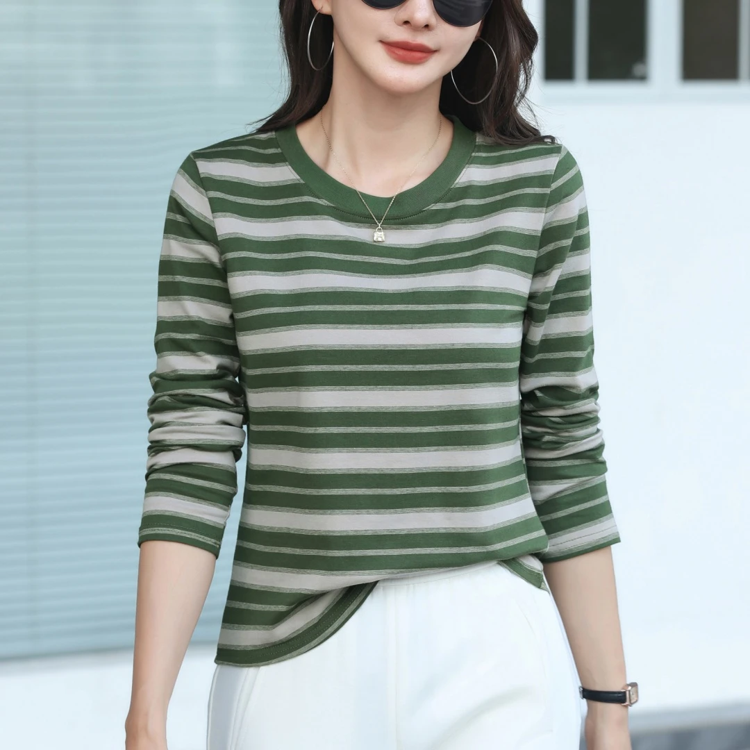 条纹长袖t恤女棉质打底春秋季新款宽松显瘦遮肚休闲正肩内搭上衣