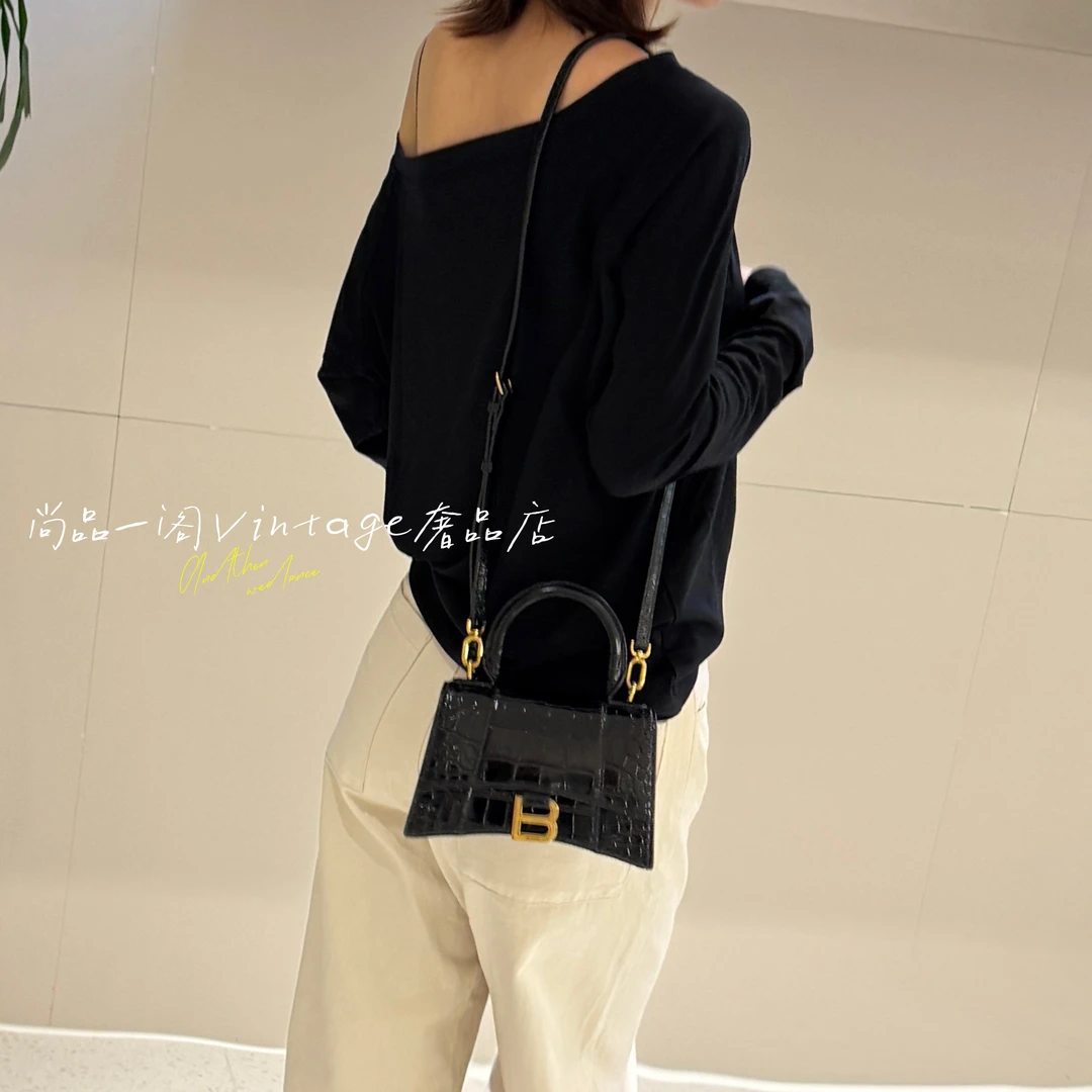 95新 Balenciaga/巴黎世家 尚品一阁/黑金鳄压纹沙漏xs号斜挎包