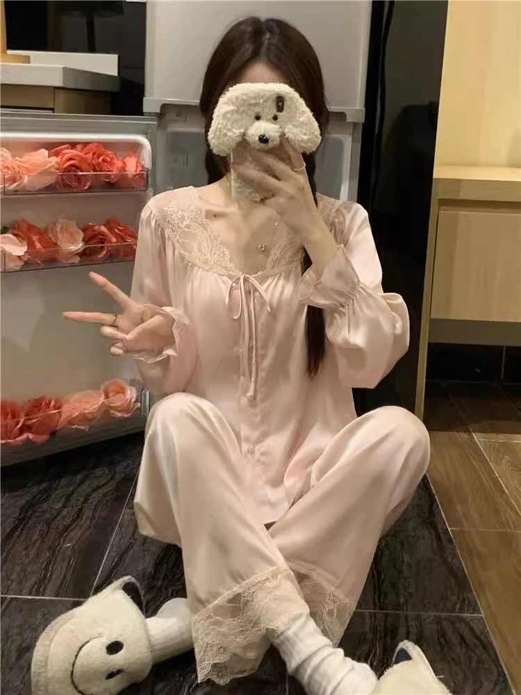 【DMXJ大梦想家】高级感简约纯色睡衣春秋款女生纯欲蕾丝家居服套装