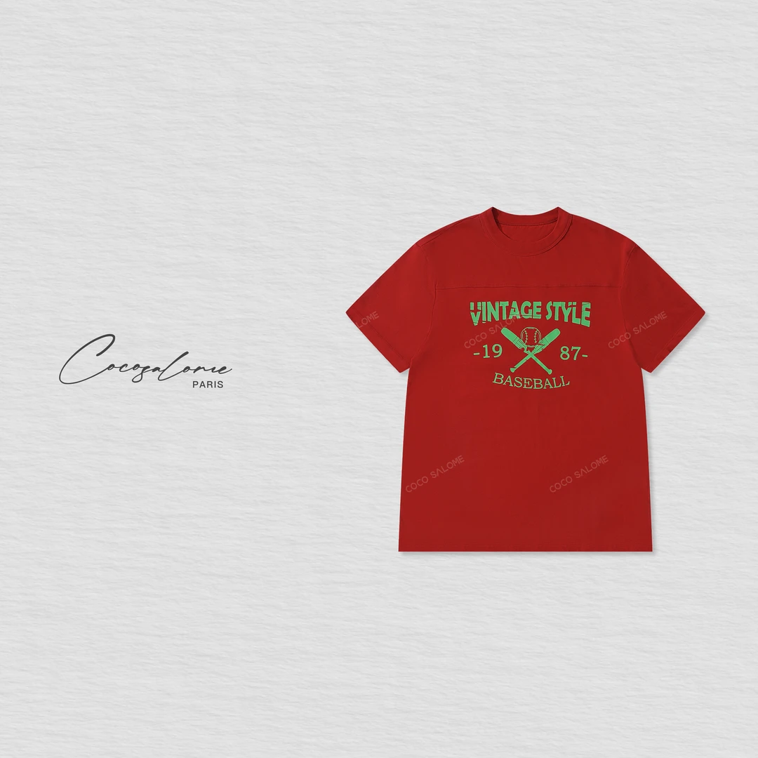 韩彬彬"小红"100棉撞色初秋老钱出游穿搭显瘦短袖红T恤777W-2