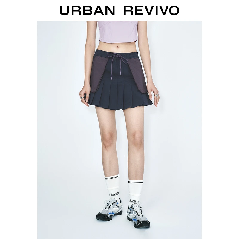 UR2025春季新款女装拼接撞色口袋抽绳百褶运动系列短裤UYV650028