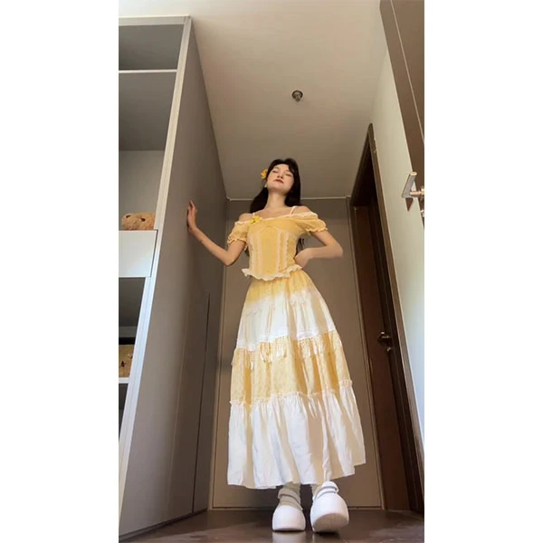 法式甜美风穿搭套装女2025夏季拼色一字肩修身上衣半身裙两件套潮