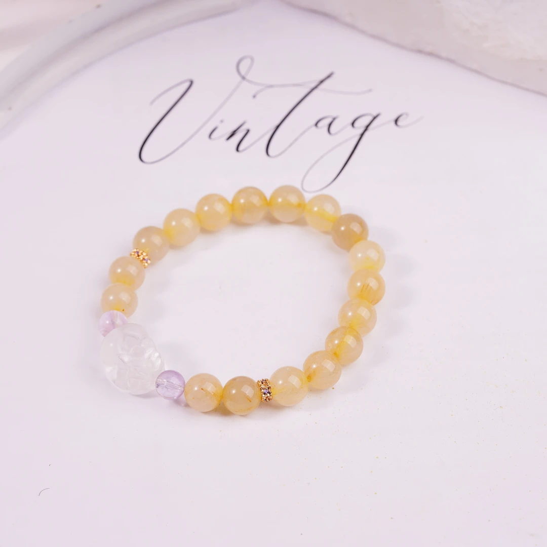 【静静珠宝 招财吞金】金发晶＋紫水晶+白水貔貅设计款手串 JY008