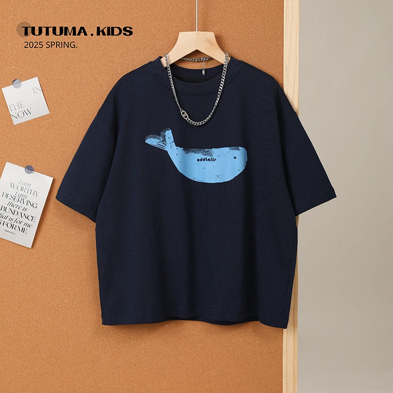 图图妈【纯棉 鲸鱼印花T】男女童圆领运动休闲短袖中大童潮牌上衣