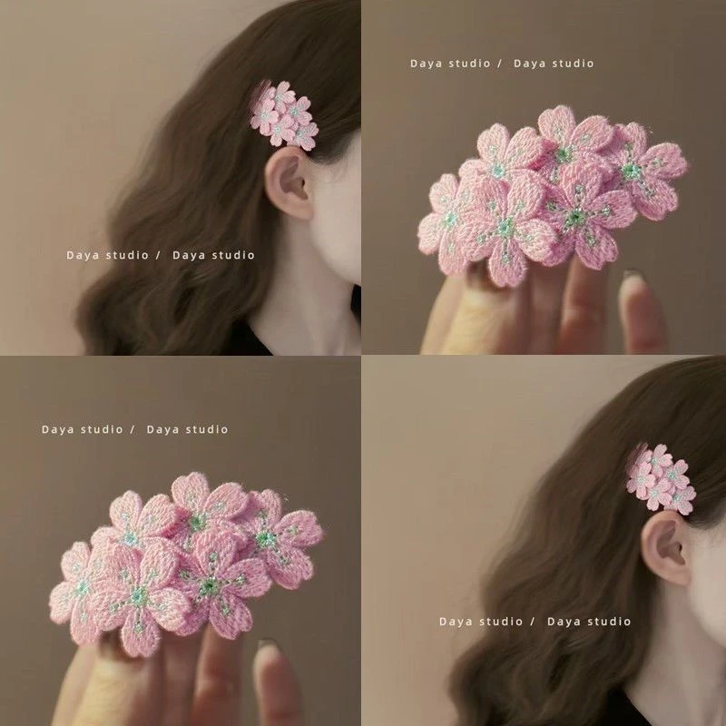 春日新款樱落刺绣花朵发夹米白百搭精致头饰发饰温柔气质边夹女