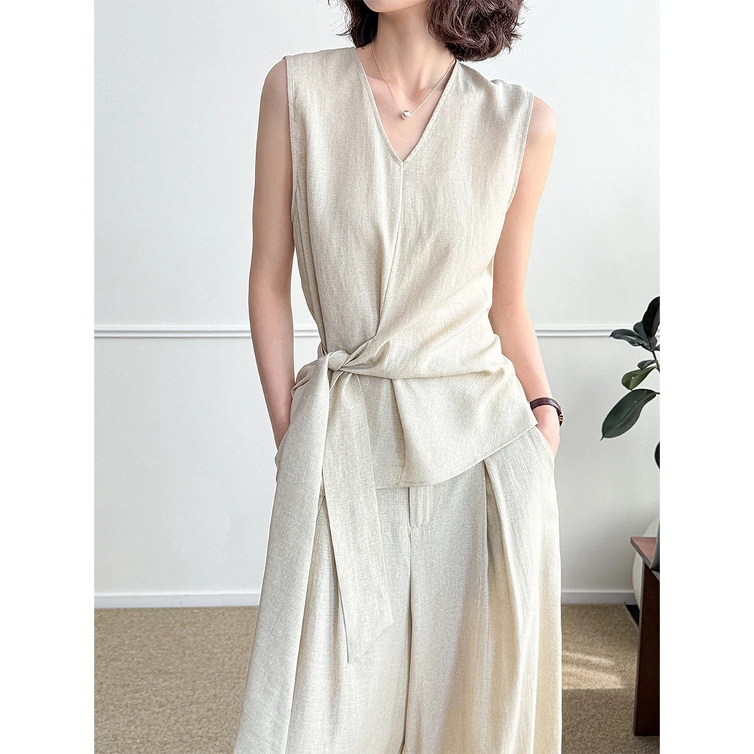 贵气松弛感穿搭套装绑带无袖衬衫阔腿裤两件套气质巨好看的一整套