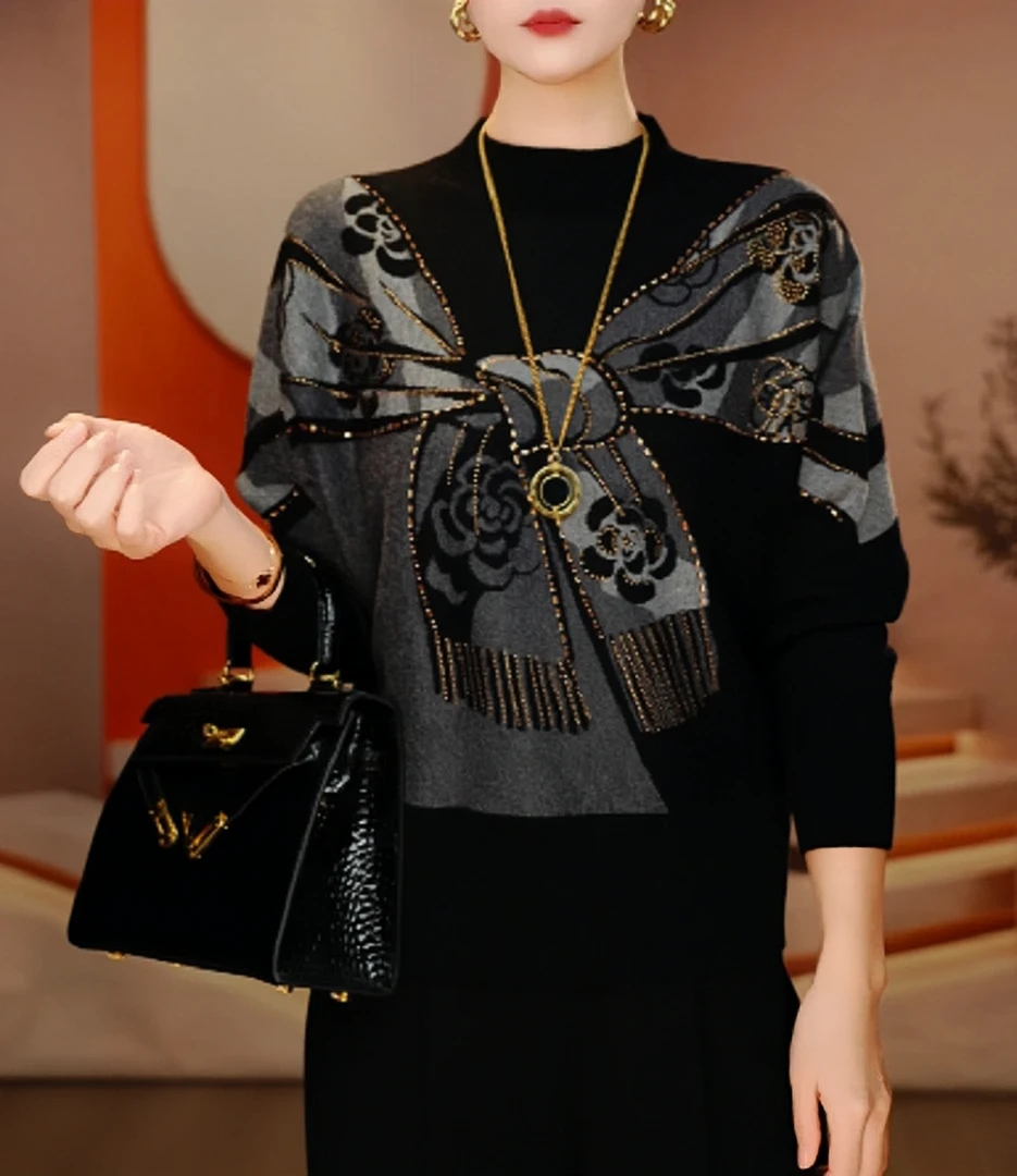 秋冬季新款时尚高品质提花烫钻毛衣打底衫洋气宽松保暖女士针织衫