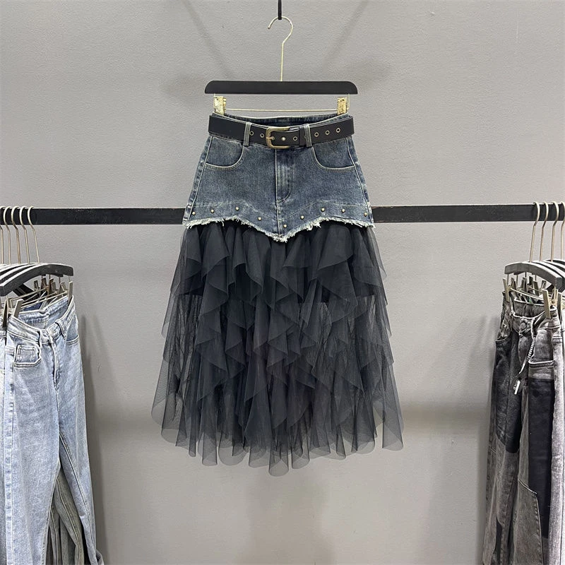 设计感网纱拼接牛仔半身裙女夏季减龄高腰显瘦中长款A字蛋糕裙子