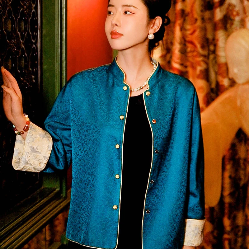 复古日记 新中式绿色桑蚕丝长袖立领中国风提花上衣衬衫241W5220