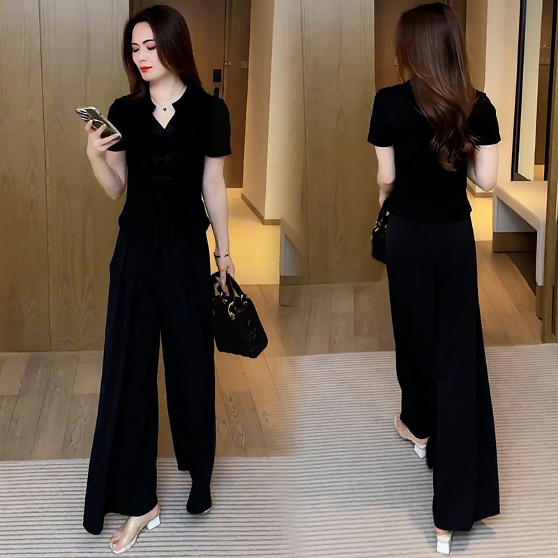 时尚套装2025夏季新款设计感洋气显瘦国风盘扣短袖T恤阔腿两件套