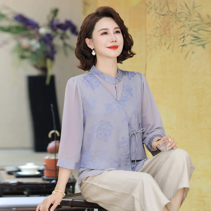 新中式妈妈夏装套装2025新款中老年春夏七分袖雪纺小衫气质上衣女