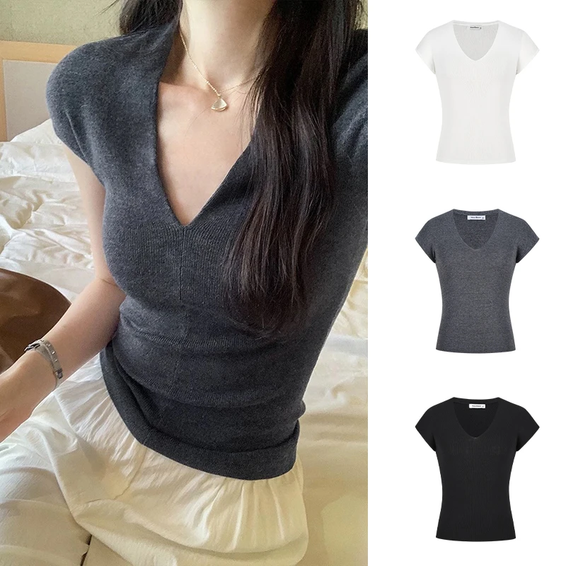 Moses Queen/魔西女王气质正肩V领小飞袖针织上衣修身显瘦背心T恤