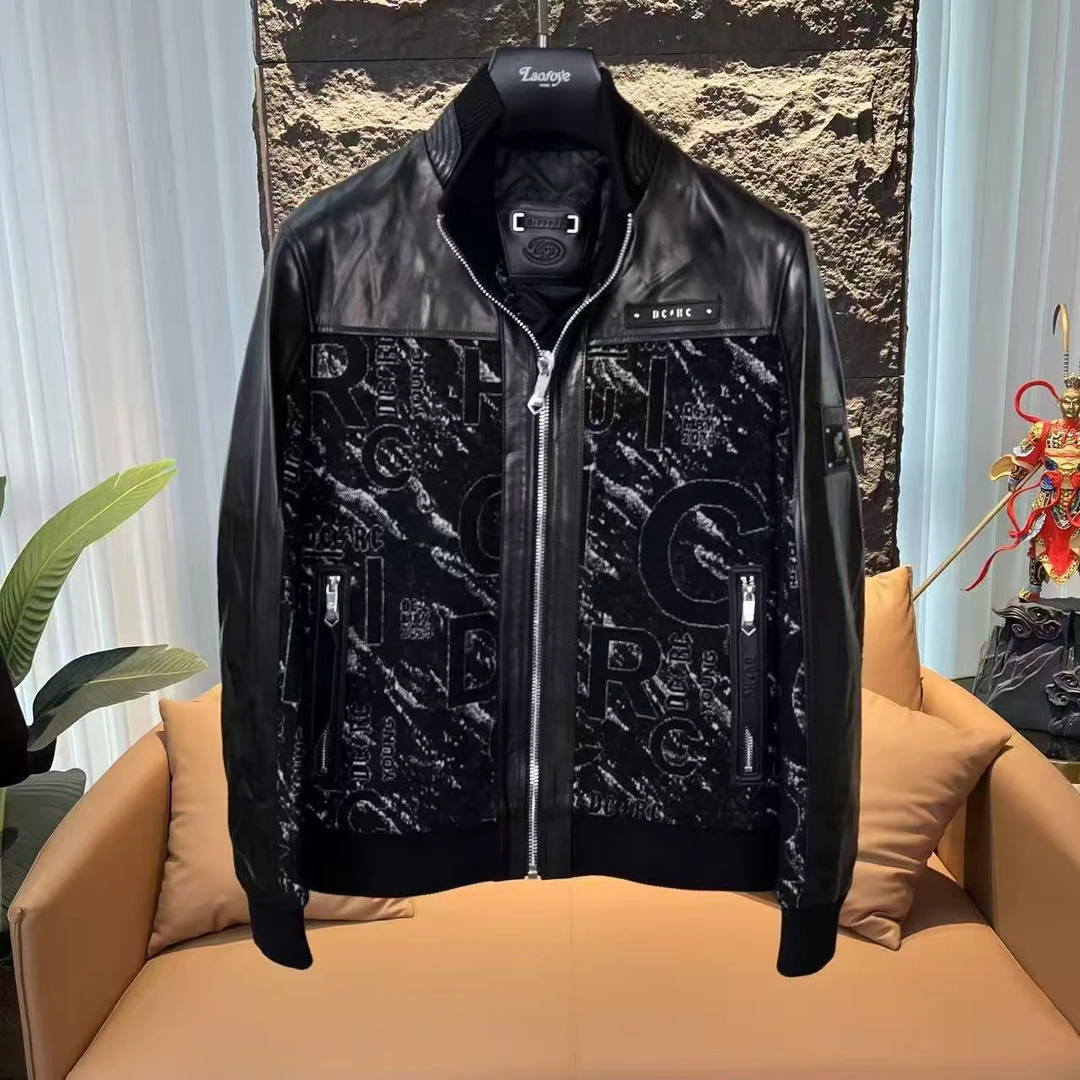 【VanJazny】新款男士轻奢立领简欧风字母拼皮夹克外套99006