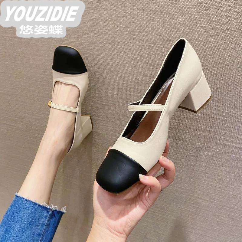 法式小香风方头拼色玛丽珍女鞋粗跟高跟鞋2025年春季新款浅口单鞋