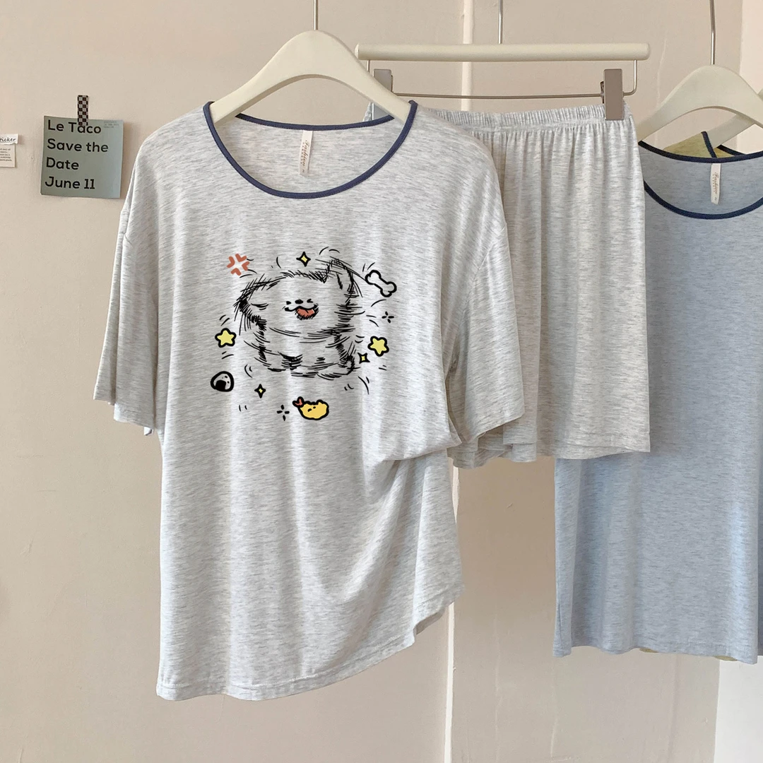 可爱卡通线条小狗莫代尔短袖短裤睡衣夏季女薄款高级感家居服套装