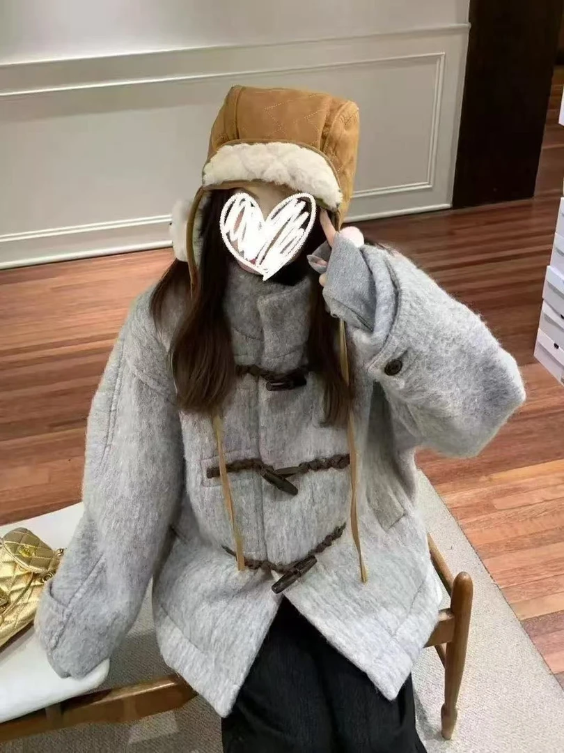 大衣立领宽松型毛呢冬季波点扎染短外套连帽毛呢外套