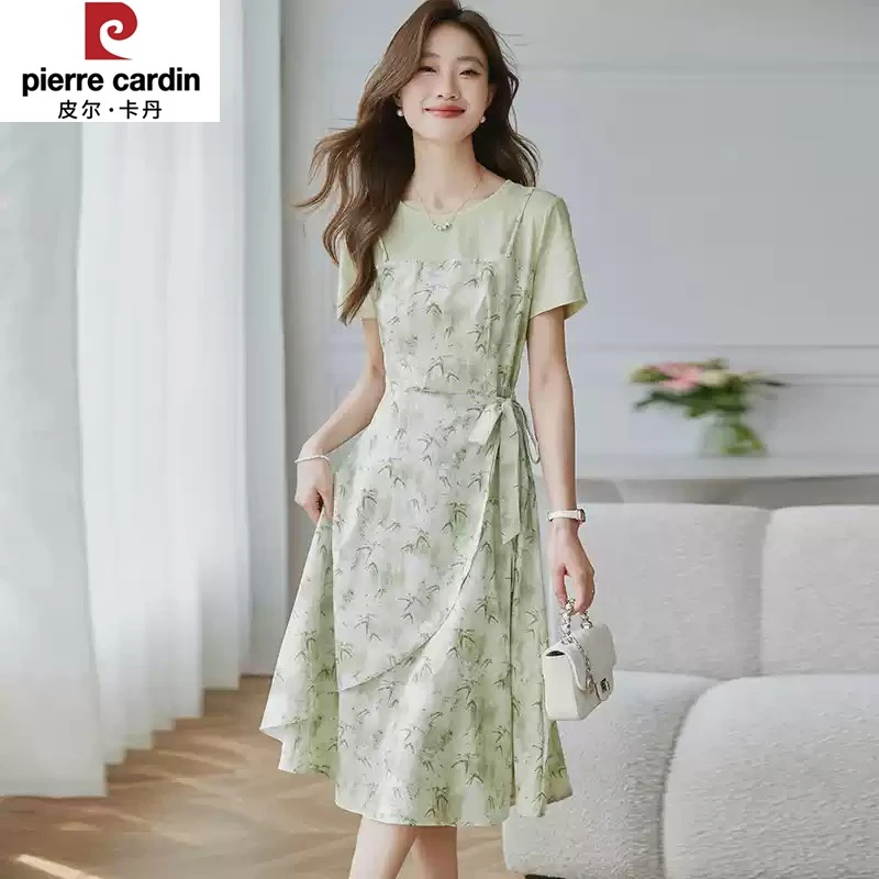 皮尔卡丹圆领拼接假两件连衣裙女新款2025夏季妈妈装收腰短袖碎花