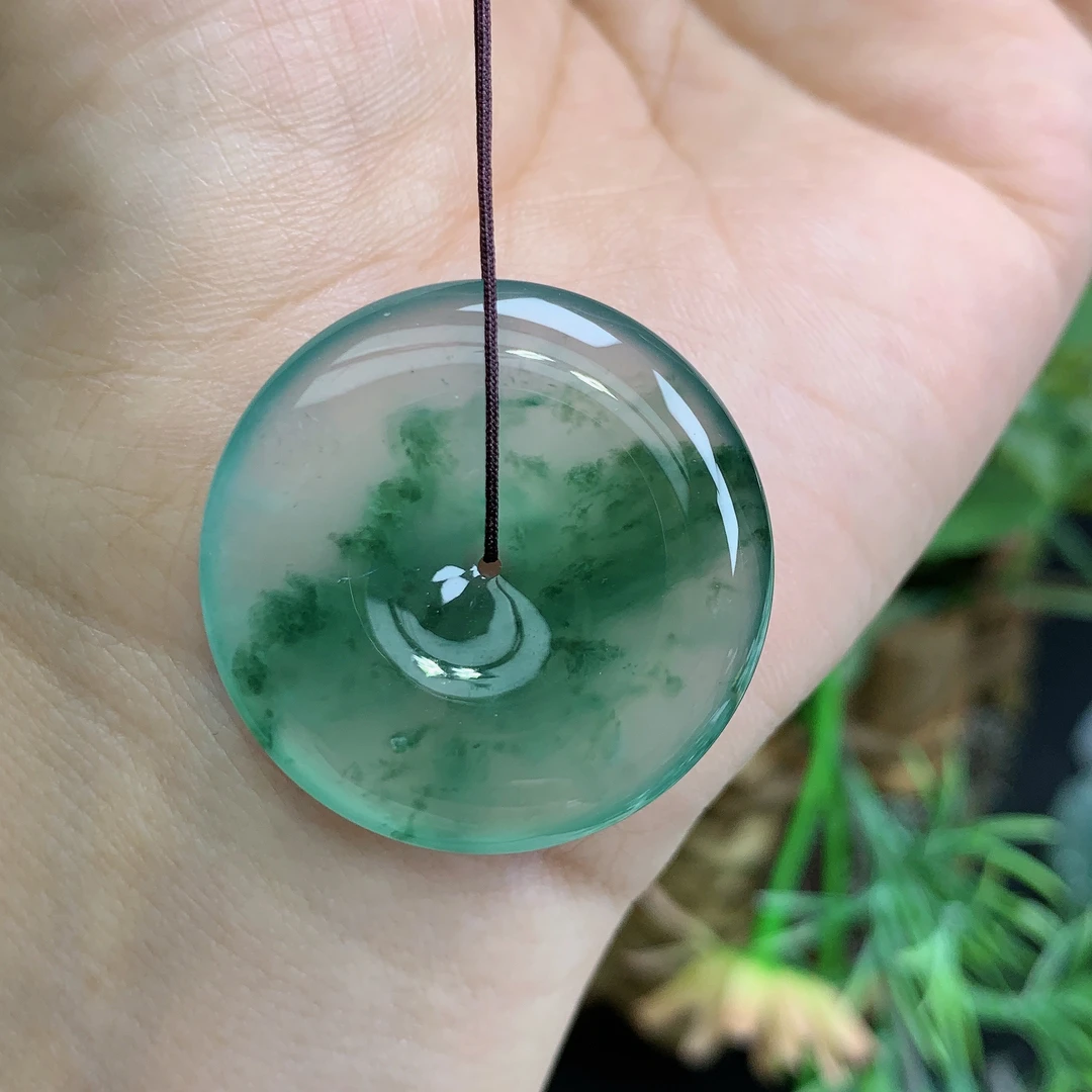 缅甸天然翡翠A货玉石高冰玻起钢飘花平安扣吊坠若尺寸30.4/5.9mm