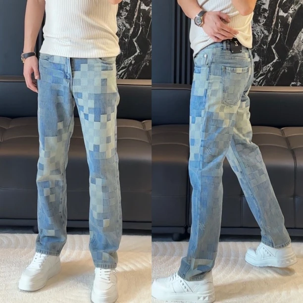 【春夏新款】美式高街复古时尚棋盘格直筒牛仔裤
