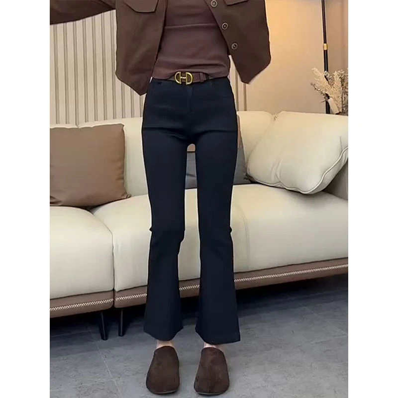 2025秋季新款高腰喇叭裤牛仔裤女弹力修身显瘦时尚流行九分微喇裤