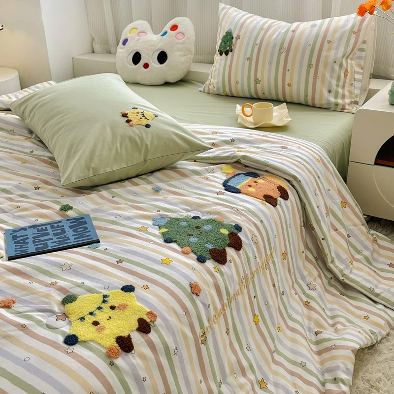 卡通彩色星星毛巾绣夏凉被纯棉100%全棉空调被单双人宿舍可机水洗
