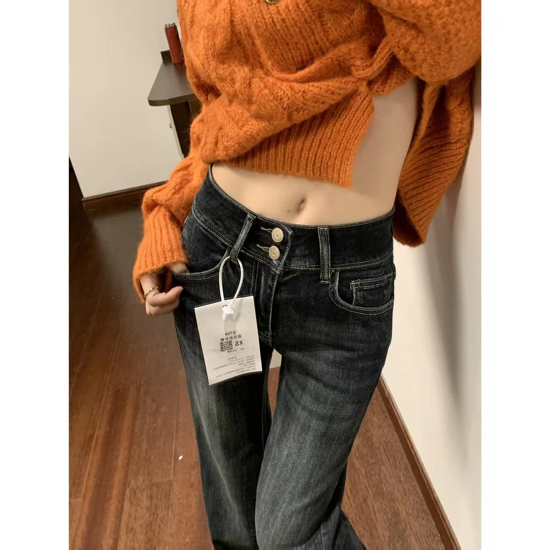 蓝灰色美式复古微喇牛仔裤女2025年秋季新款高腰显瘦小个子喇叭裤