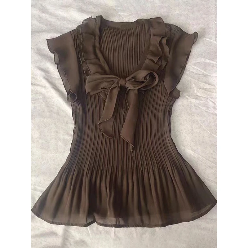 牛X货 巨炸裂！小众设计感咖啡色小飞袖雪纺衫女夏穿搭蝴蝶结衬衫