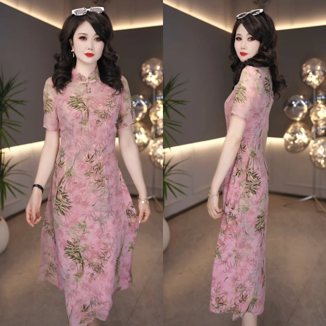 2025夏季中国风时尚女人味复古减龄显瘦百搭印花改良旗袍裙M-4XL