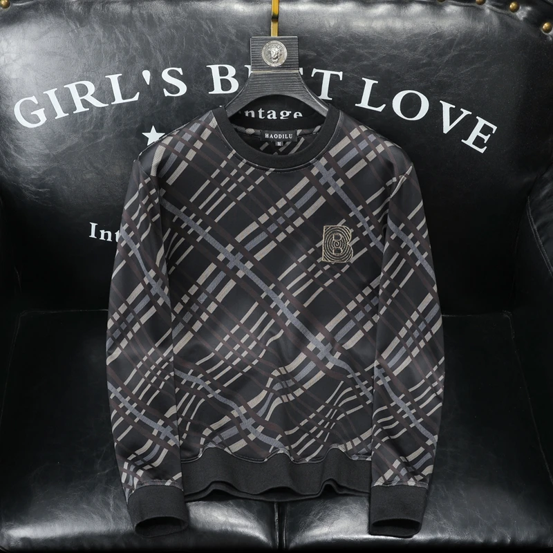 蒂斯派尔高档字母刺绣格子潮牌套头卫衣男士秋冬季新款休闲打底衫