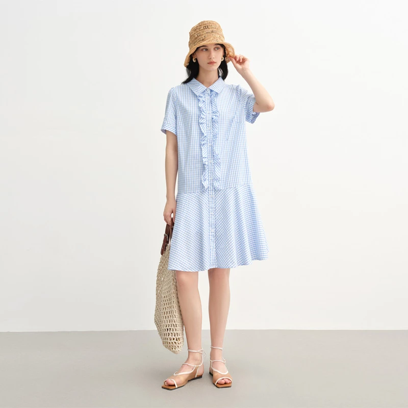 独束大码女装荷叶边装饰格纹衬衫裙通勤气质连衣裙25DS82381