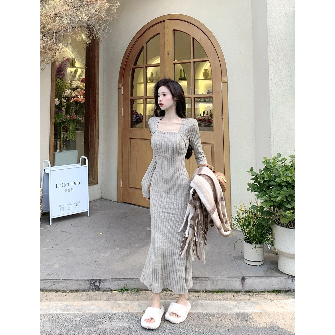 小个子裙子针织连衣裙女春装收腰打底裙鱼尾裙黑色包臀裙内搭长裙