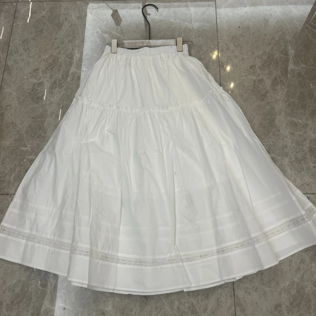 TT-7970白色蕾丝拼接半身裙女夏季新款韩版大摆伞裙显瘦中长款A字