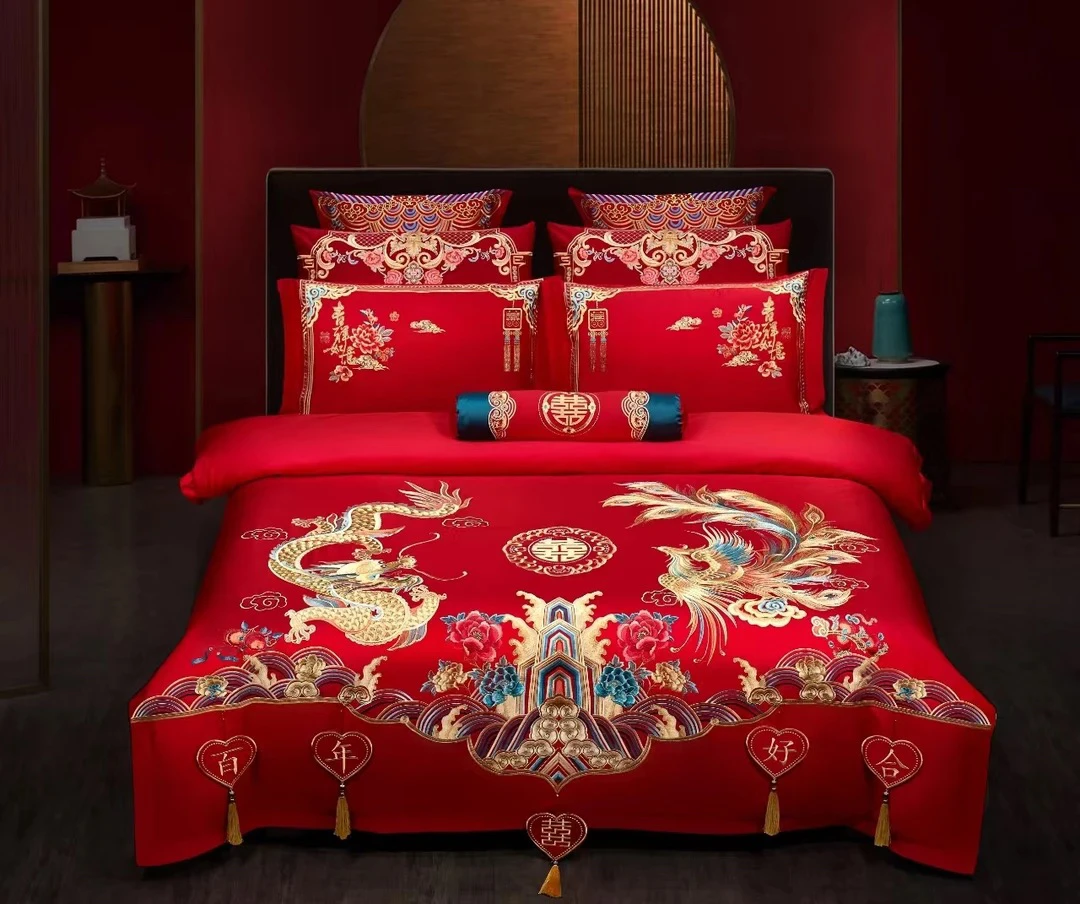 【百年好合】婚庆床品套件纯棉高端龙凤绣花大红色结婚婚房