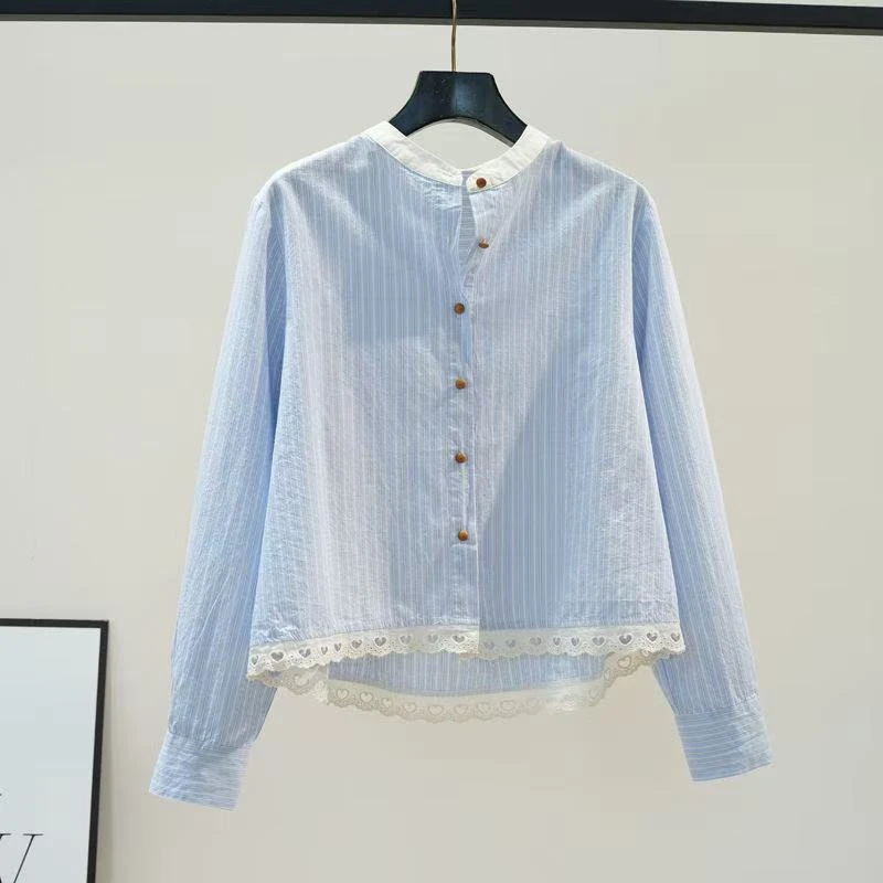 品牌折扣立领拼接蓝色条纹衬衫女春夏刺绣花边宽松短款长袖棉衬衣