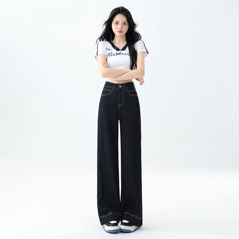 防褪色丹宁蓝莱赛尔天丝中高腰阔腿新版宽松微喇裤2025秋季新款