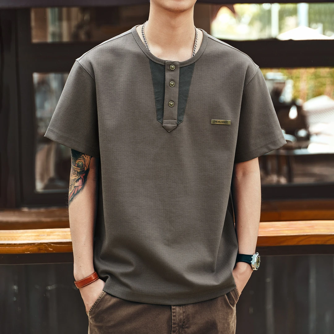格蓝鹿美式复古硬汉亨利领短袖T恤男夏季新款宽松肌理感半袖上衣