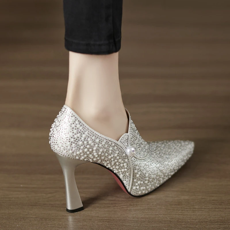 小个子手工女鞋10cm~性感尖头细跟高跟鞋不累脚宴会单鞋女新娘鞋