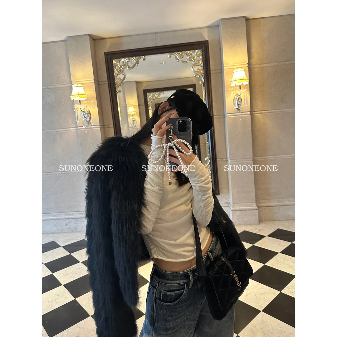 SUNONEONE 进口狐狸毛短款皮女冬季黑色减龄加厚毛毛外套H0092W