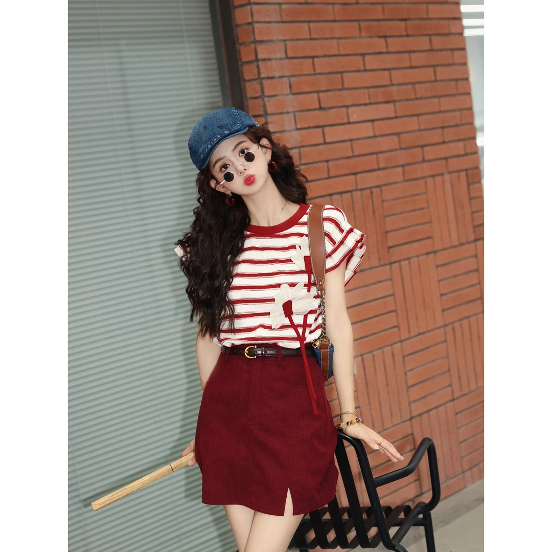陈大器【石榴冰】复古红色条纹夏季短袖T恤女休闲宽松上衣JK0725496
