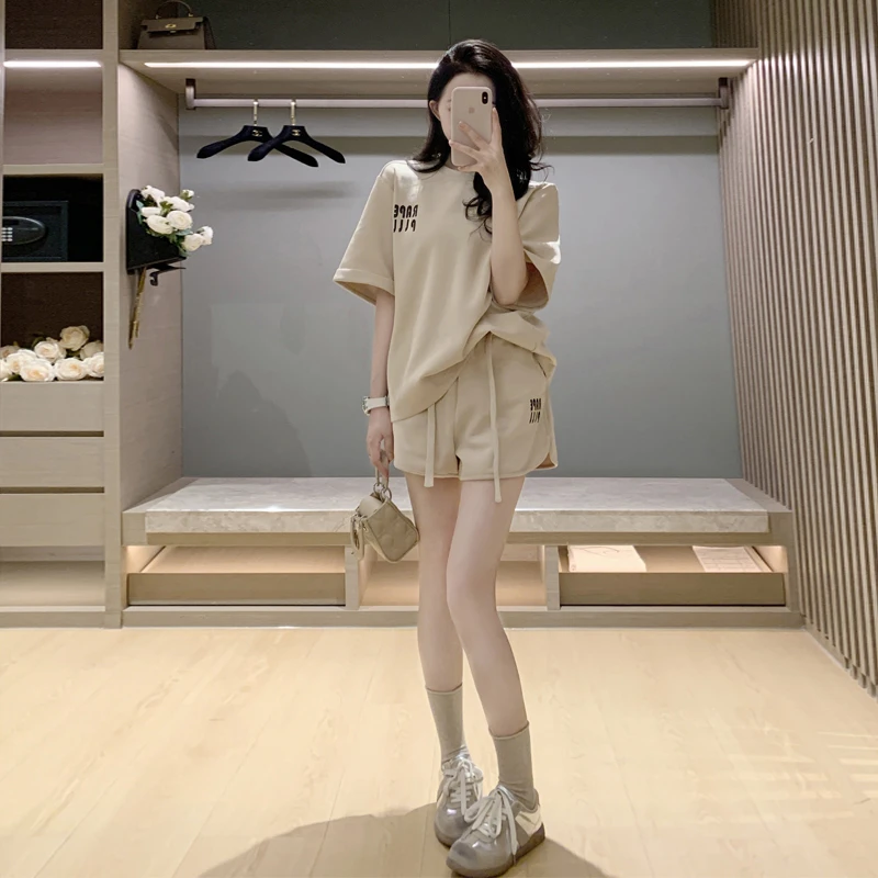 减龄时尚休闲运动短袖套装女夏季字母印花宽松上衣百搭两件套潮牌