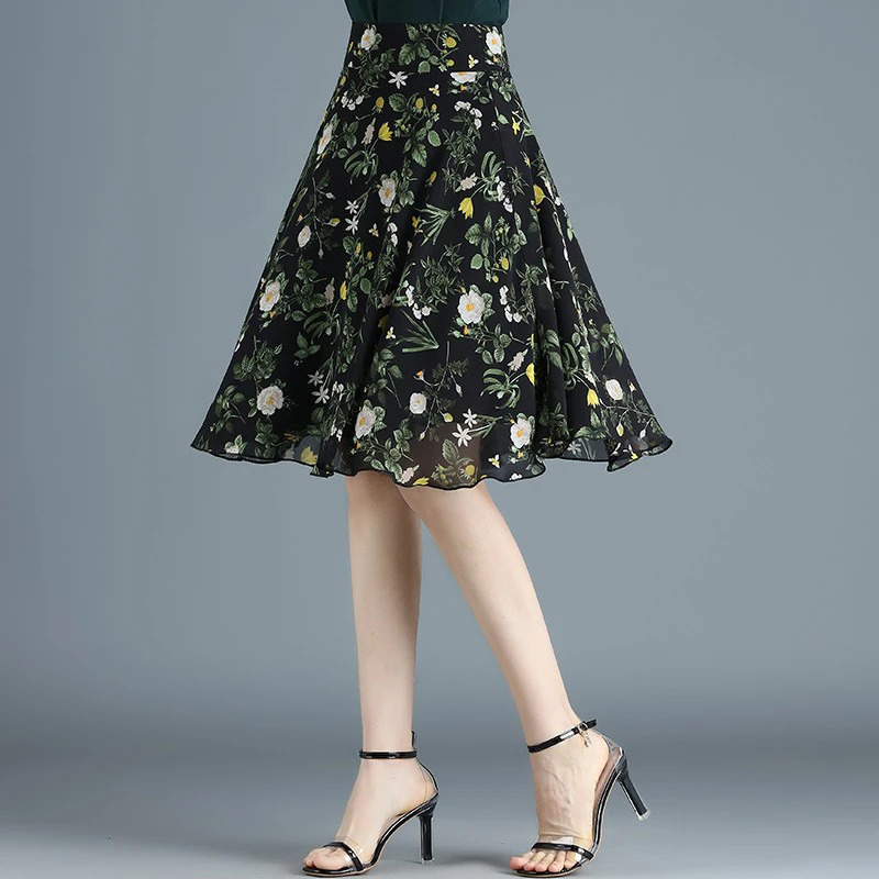 夏季新款印花大摆裙百搭显瘦松紧腰时尚洋气碎花裙A字裙89530